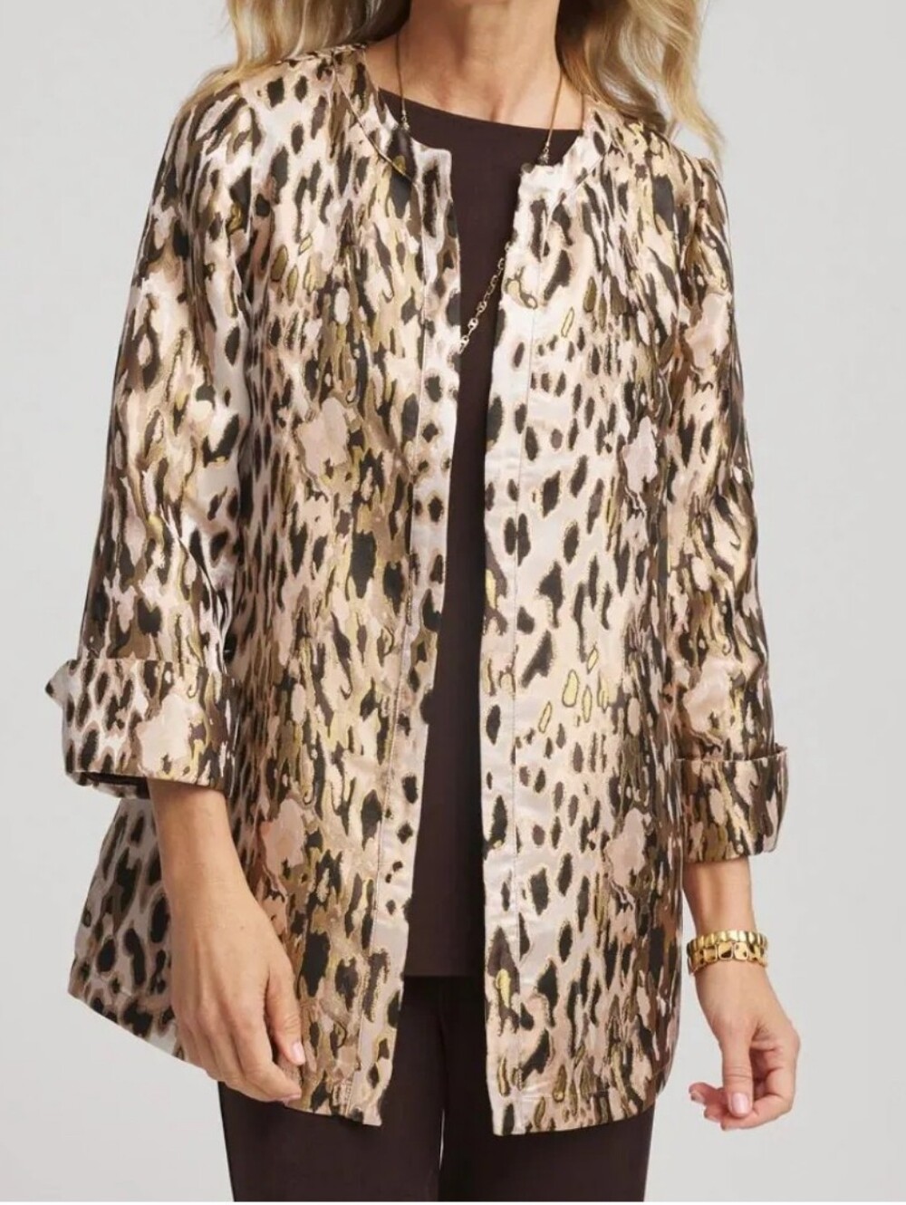 Chico's Metallic Leopard-Print Open Front Lighweight Jaket - Brown/Cream/Gold